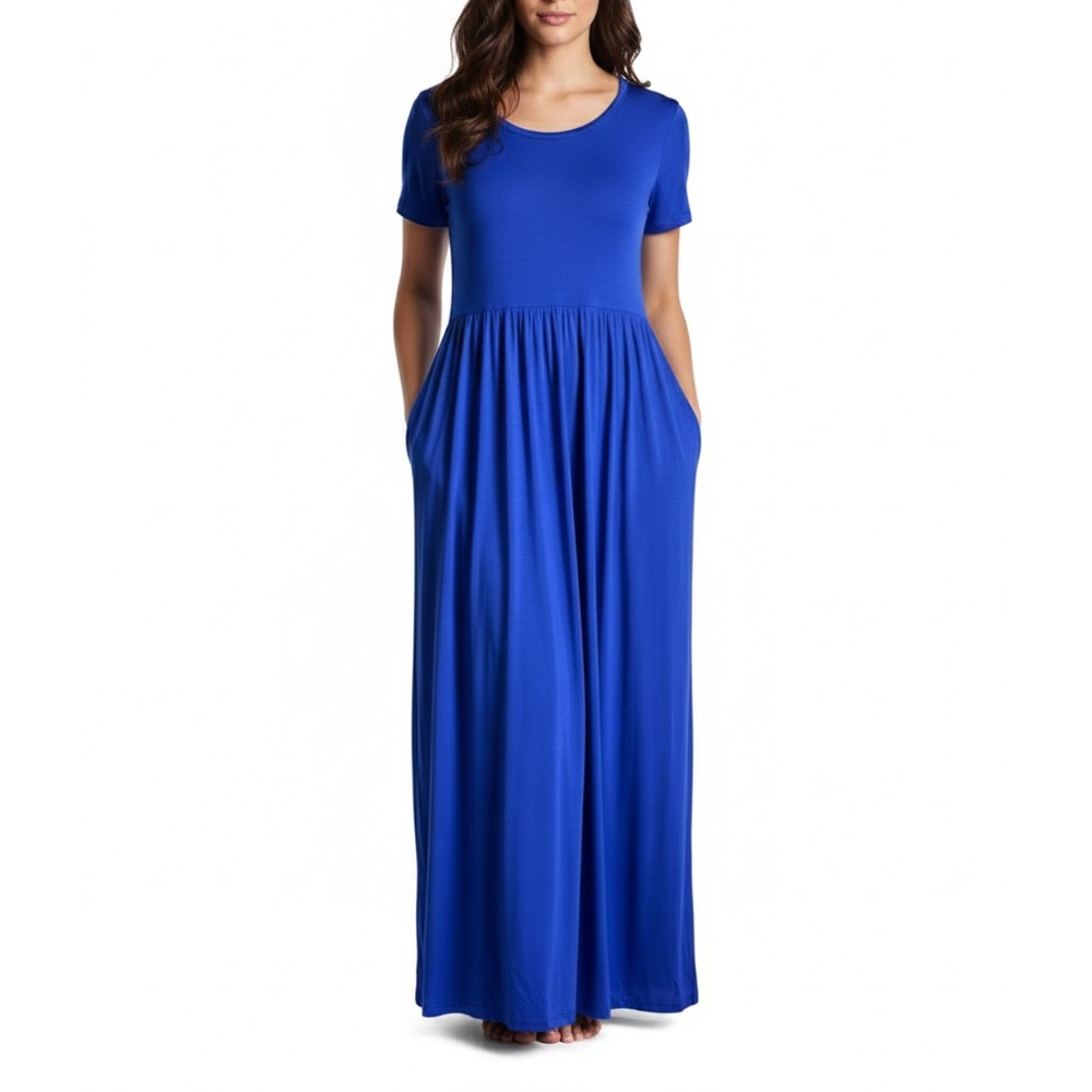 Royal Blue Short Sleeve Maxi Dress with Pockets Large Elastic Waist